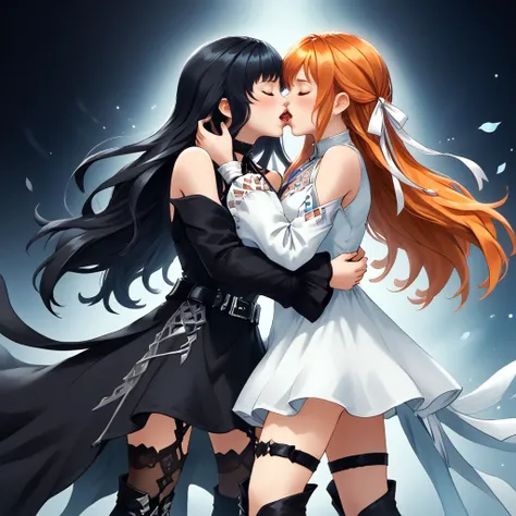 masterpiece, best quality, highly detailed face and eyes, photorealistic,photograph of 2girls,eyes closed,french kissing, forest background, <lora:WildcardX-XL-Detail-Enhancer:0.8> <lora:HGHD_STYLE_SPRITES_vPONY:0.8>,BREAK
photograph of 2girls, eyes closed,in love,embracing, french kissing, <lora:Gaia_FFXIV:0.8> gaia \(ff14\), blue eyes, lips, black hair, black dress, boots, choker, belt, black thighhighs, bare shoulders, off shoulder, detached sleeves
BREAK,
photograph of 2girls, eyes closed2, in love, embracing, french kissing <lora:ryne-pdxl-nvwls-v1:0.8> ryne, orange hair, blue eyes, hair ribbon, white dress, thigh strap, thigh boots