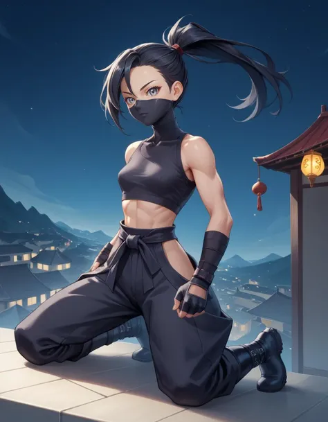score_9,score_8_up,score_7_up,score_6_up, source_anime, (rating_safe),
1girl ,zPDXL, long black hair, ponytail with black hair tie, small breasts, petite, narrow waist, athletic, black ninja mask, Black martial arts top, black fingerless gloves, black boots and pants, 18 years old, Japanese, BREAK, grey eyes, <lora:NinjaMask_PonyXL_VonEmann:.8>, BREAK,
at night, dark, on a roof top in a city, kneeling on one knee,