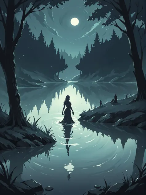 score_9, score_8_up, score_7_up, woman, balck silhouette, figure, outline, wet hair, standing in lake, submerged, soaking, lake, moonlight reflection, shadows, silhouette, night, moonlight