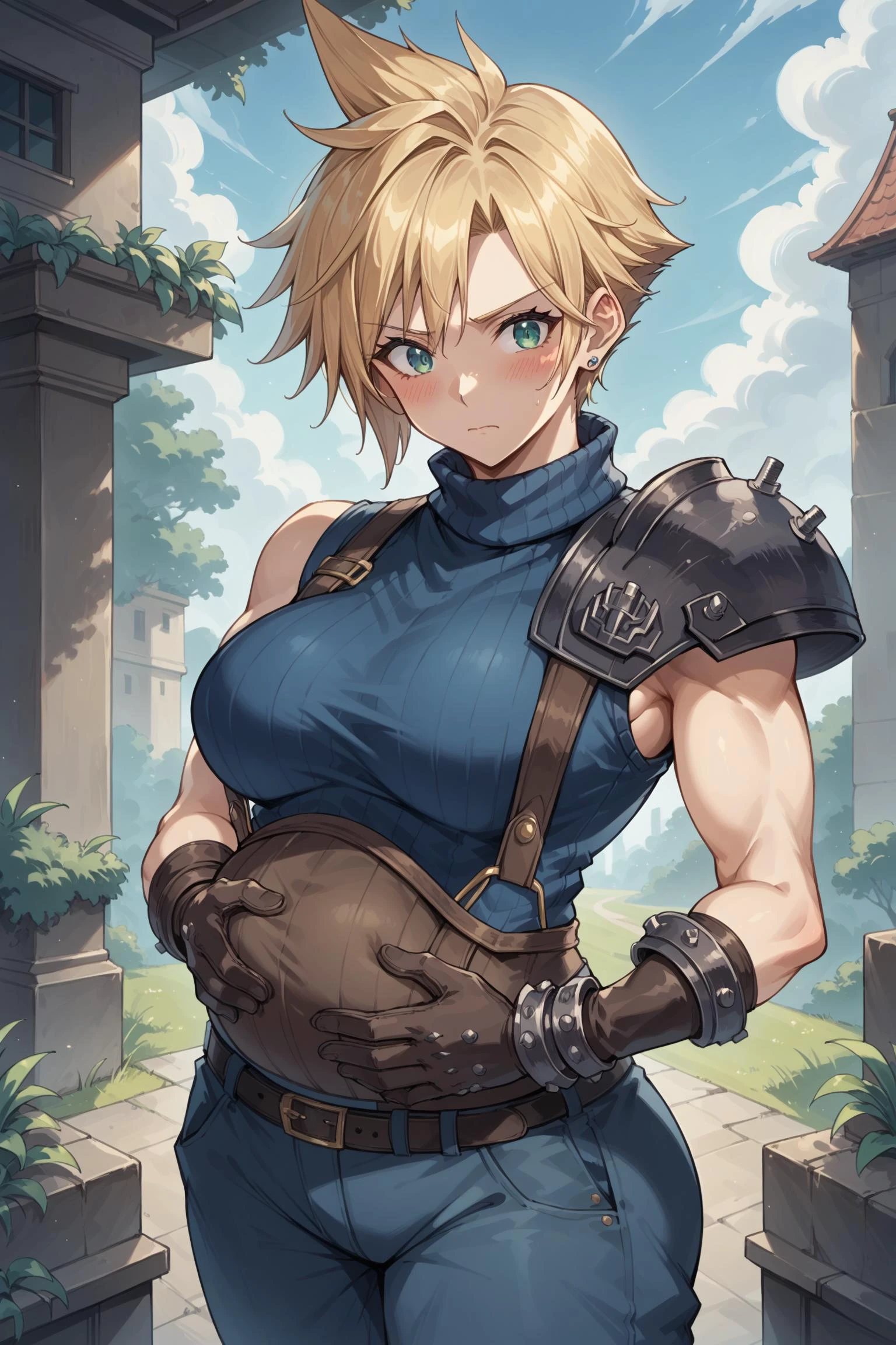 (source_anime:1.1), score_9, score_8_up, score_7_up, masterpiece, best quality, masterfully detailed, 1girl, solo, (defCloud:1.1), blonde hair, short hair, green eyes, large breasts, single earring, suspenders, shoulder armor, sleeveless turtleneck, baggy pants, blue pants, belt, gloves, blush, hands behind back, (pregnant:0.8), worried, outdoors, hand on stomach
<lora:cloudstrife-pdxl-novowels:1>
