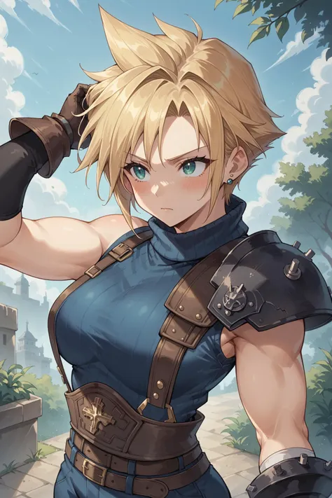 (source_anime:1.1), score_9, score_8_up, score_7_up, masterpiece, best quality, masterfully detailed, 1girl, solo, (defCloud:1.1), blonde hair, short hair, large breasts, green eyes, single earring, suspenders, shoulder armor, sleeveless turtleneck, baggy pants, blue pants, belt, gloves, blush, hand in hair, looking up, looking away, outdoors,
<lora:cloudstrife-pdxl-novowels:1>