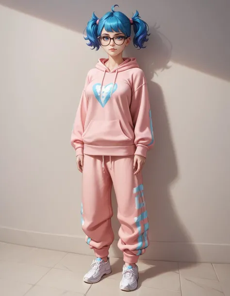 score_9,score_8_up,score_7_up,score_6_up, source_realistic, (rating_safe),
1girl,zPDXL,zPDXLxxx ,BREAK,, short disheveled shaggy bright blue hair with short twintails, black rimmed glasses, medium breasts, 18 years old, American, thin face, BREAK, plain baggy pink hoodie, nerdy, baggy pink sweatpants, white sneakers,
