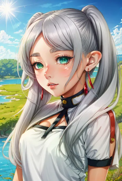 <lora:СÑÐ¸Ð»Ñ Uousa-ou:0.9>,<lora:ФÑиÑен пÑовожаÑÑÐ°Ñ Ð² поÑледний пÑÑÑ(aafrie,long hair, white hair,twintails, pointy ears,earrings, thick eyebrows,(Ñм одеждÑ):0.8>,aafrie, long hair, (white hair), 2twintails, pointy ears, earrings,green eyes, small breasts, flat,sun, grass, lakes, water, anime style, anime colors,detailed anime,animeHD, anime eyes, bigger eyes, high quality anime, large anime pupils, 1girl (in full growth), best quality, masterpiece, ultra-detailed, high quality,perfect anatomy, (perfect full body), (detailed full body), good eyes, perfect face, pretty face,(beautiful and aesthetic:1.2),beautiful eyes, anime eyes, detailed eyes,Exquisite visuals, high-definition