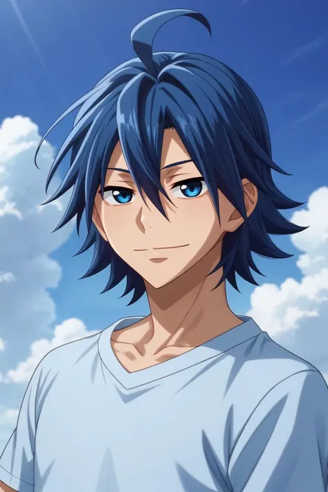 score_9, score_8_up, score_7_up, source_anime, rating_safe, , , looking at viewer, depth of field, 1boy, solo, male focus, <lora:sangaku_manami_pony:0.94>, sangaku_manami, blue hair, blue eyes, hair between eyes, ahoge, focused, heaven, clouds, day, clouds, arm support, half-closed eyes, smile, , <lora:sdxl_lightning_8step_lora:1>