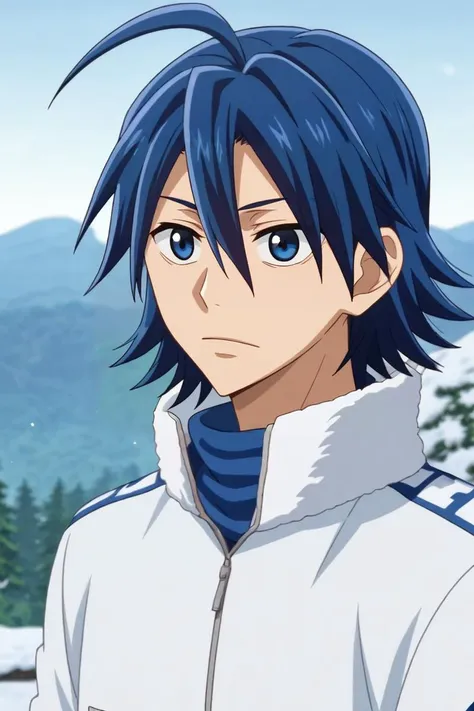 score_9, score_8_up, score_7_up, source_anime, rating_safe, intricate details, anime screencap, , official style, , depth of field, 1boy, solo, male focus, <lora:sangaku_manami_pony:0.76>, sangaku_manami, blue hair, blue eyes, hair between eyes, ahoge, close-up, snowy mountain, dusk, leaning on object, :\3, , <lora:sdxl_lightning_8step_lora:1>