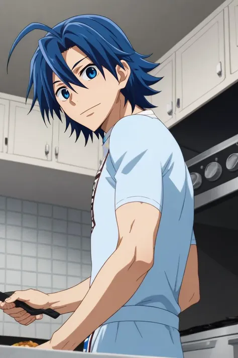 score_9, score_8_up, score_7_up, source_anime, rating_safe, , , looking at viewer, , 1boy, solo, male focus, <lora:sangaku_manami_pony:0.96>, sangaku_manami, blue hair, blue eyes, hair between eyes, ahoge, from below, kitchen, cooking, indoors, light, arm at side, light smile, gangster costume, <lora:sdxl_lightning_8step_lora:1>