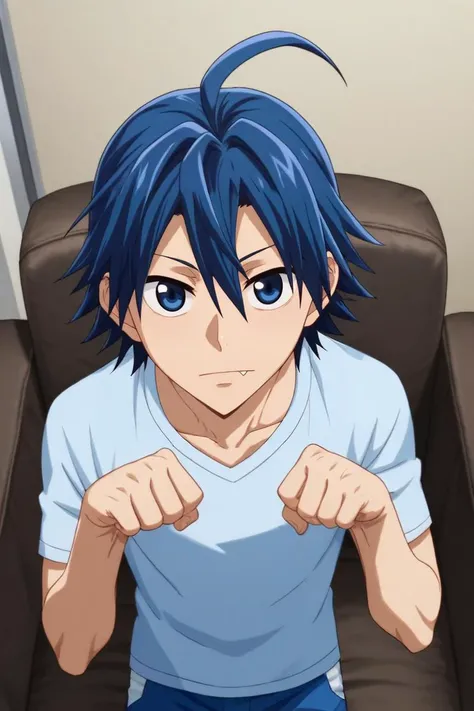 score_9, score_8_up, score_7_up, source_anime, rating_safe, , , looking at viewer, , 1boy, solo, male focus, <lora:sangaku_manami_pony:0.94>, sangaku_manami, blue hair, blue eyes, hair between eyes, ahoge, from above, living room, couch, dawn, paw pose, skin fang, , <lora:sdxl_lightning_8step_lora:1>