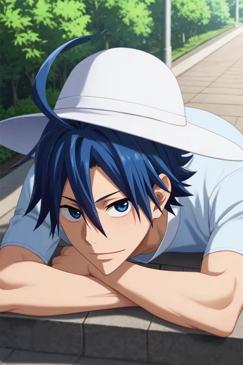 score_9, score_8_up, score_7_up, source_anime, rating_safe, intricate details, (realistic:0.6), looking at viewer, , 1boy, solo, male focus, <lora:sangaku_manami_pony:0.78>, sangaku_manami, blue hair, blue eyes, hair between eyes, ahoge, from above, full body, park, indoors, light, lying, on stomach, seductive smile, , sun hat, <lora:sdxl_lightning_8step_lora:1>