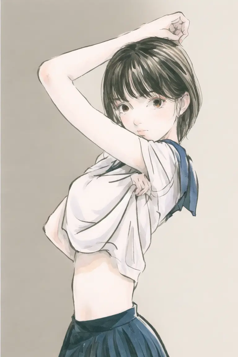 1girl, solo, school uniform, serafuku, undressing, painting (medium), traditional media, watercolor (medium), shirt lift, skirt, clothes lift, short hair, black hair, brown hair