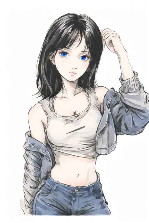 1girl, solo, breasts, blue eyes, traditional media, black hair, denim, tank top, pants, looking at viewer, jeans, medium hair, upper body, collarbone, off shoulder, midriff, cleavage, medium breasts, bangs, simple background, open jacket, hand up, crop top