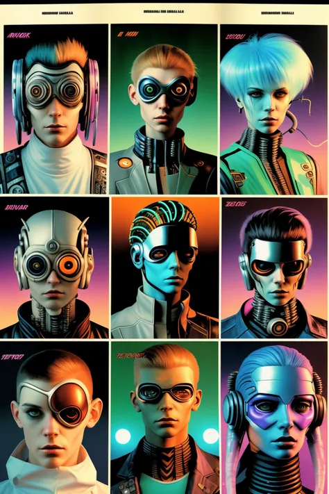 a poster of a bunch of cyborgs in different costumes and different faces and hair styles and colors, Benjamin Marra, a yearbook page , (( yearbooks_photo , cyberpunk style )) , Savannah, Jungle, Tundra, Wetlands , Metallic , Analog nostalgia , Future warfare , AI curator ,
