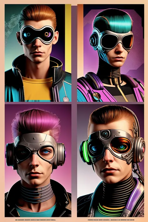 a poster of a bunch of cyborgs in different costumes and different faces and hair styles and colors, Benjamin Marra, a yearbook page , (( yearbooks_photo , cyberpunk style )) , Close-Up, Candid, Profile, Gaze , Retro-futuristic , Immersive , Techno cityscape , Galactic odyssey ,
