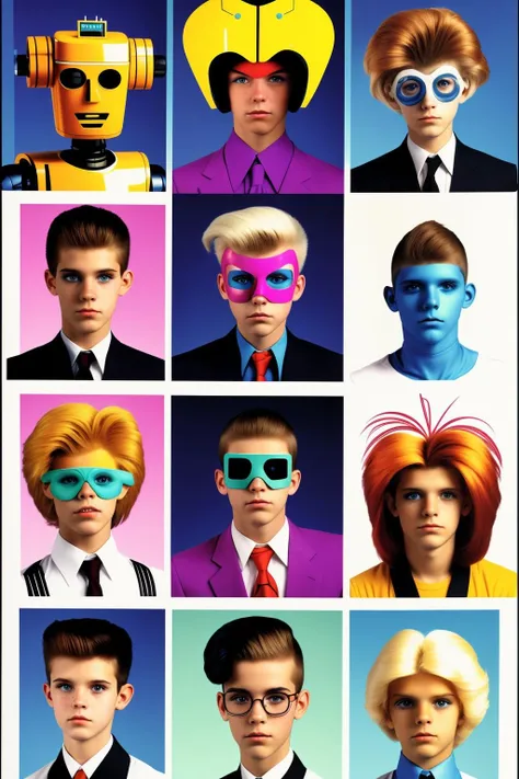a poster of a bunch of robots in different costumes and different faces and hair styles and colors, Benjamin Marra, a yearbook page , (( yearbooks_photo ))