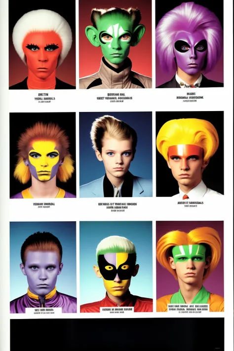 a poster of a bunch of aliens in different costumes and different faces and hair styles and colors, Benjamin Marra,  a yearbook page , (( yearbooks_photo  ))