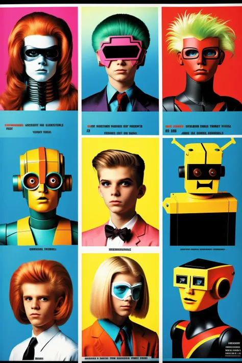 a poster of a bunch of robots in different costumes and different faces and hair styles and colors, Benjamin Marra,  a yearbook page , (( yearbooks_photo  ))