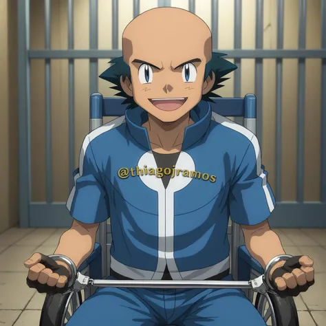 score_9, score_8_up, score_7_up, source_anime, 1boy, solo, male_focus, slender, skinny, black eyes, black hair, ash_kanto, gloves, solo, fingerless gloves, bald, denim, blue jacket, smile, open mouth, pokemon, Through prison bars, with handcuffs on the wrists, Clinging on prison bars, wheelchair, sitting, looking at viewer, <lora:Through_prison_bars:1>, <lora:Wheelchair_XLPD:0.8>, <lora:Ash_Ketchum-000009:0.9>, ash_ketchum, <lora:handcuffs:0.75>