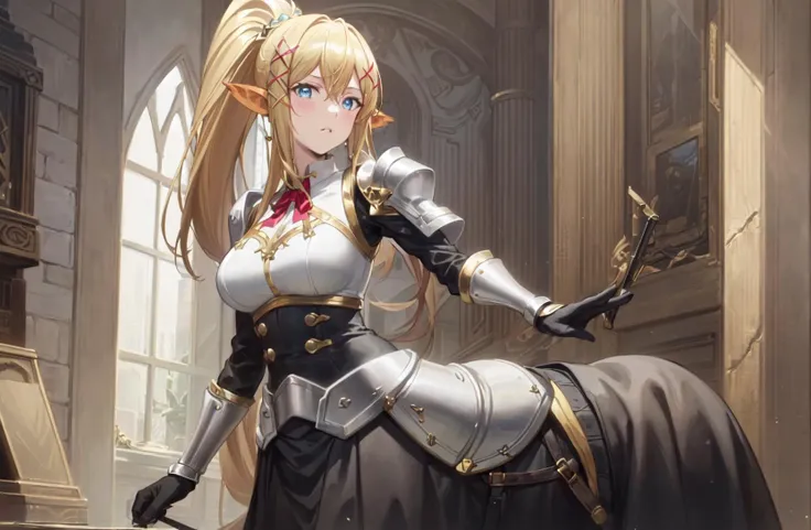 masterpiece, best quality, ultra-detailed, highres,(((picture perfect))), (absurdres), 1girl, solo, centorea shianus, (centaur:1.3), (full armor, armor, (hair ornament, x hair ornament:1.3), gloves, black gloves, shoulder armor, armored dress, gauntlets, pauldrons), (black skirt:1.3), looking at viewer, parted lips
 <lora:centorea-monmusu-12:0.6> <lora:darkness (konosuba)_v1:0.3>