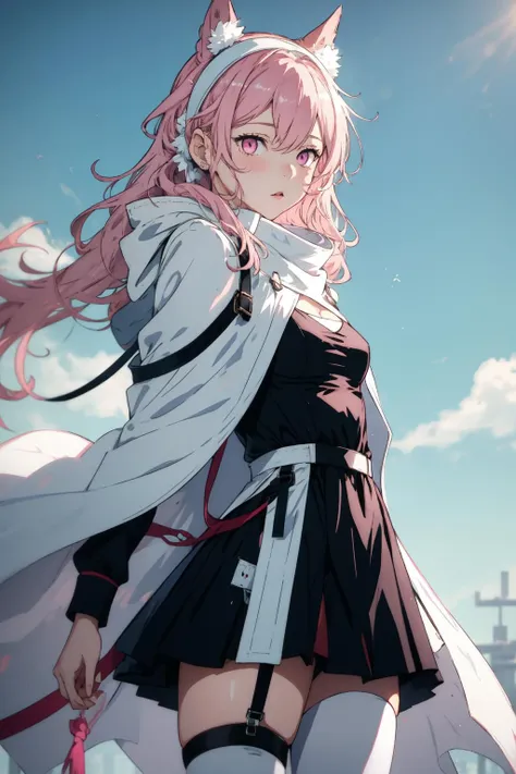 1girl, pozyjk, pink eyes, long sleeves, white capelet, black dress, white panthyhose, single thight strap, white skirt, white hairband, <lora:PozyomkaMultiCostume:1>