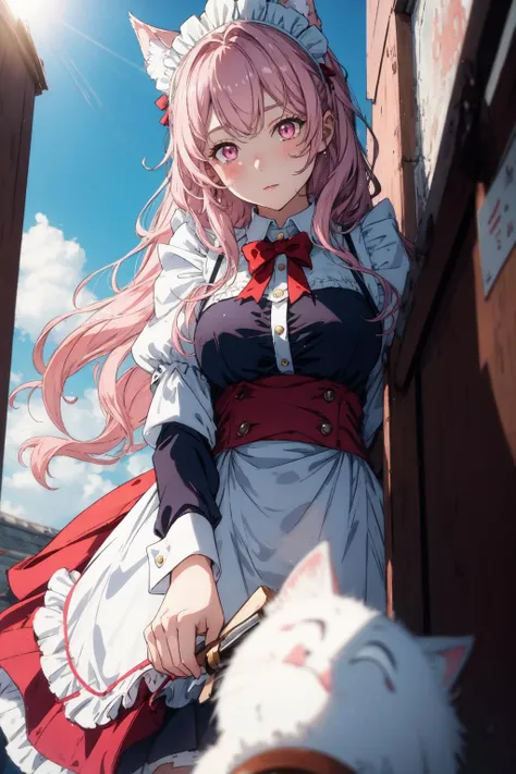 1girl, pozysd, pink eyes, maid, maid headdress, from below , <lora:PozyomkaMultiCostume:1>, <lora:add_detail:0.3>,