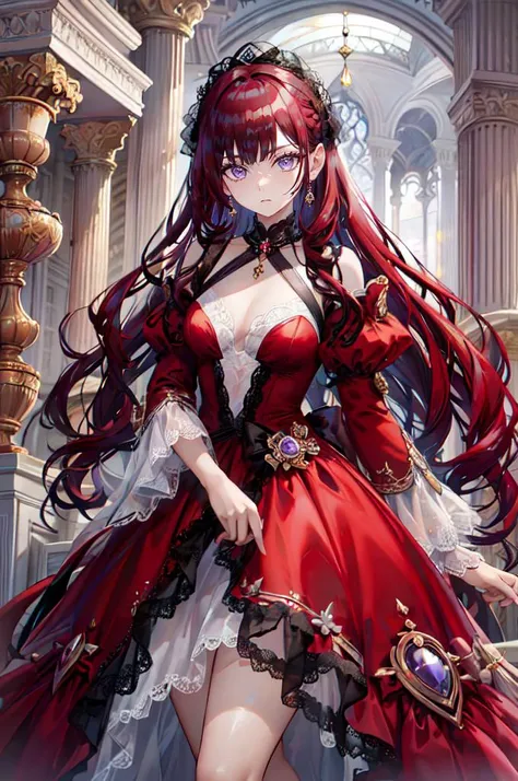 cowboy shot, straight-on, serious, <lora:pride_royal_V2:0.95> pride royal ıv, purple eyes, red hair, swept bangs, long hair, red dress, red coat, <lora:TorinoV71:1>, absurdres, ultra detailed, masterpiece, best quality, aesthetic, detailed,