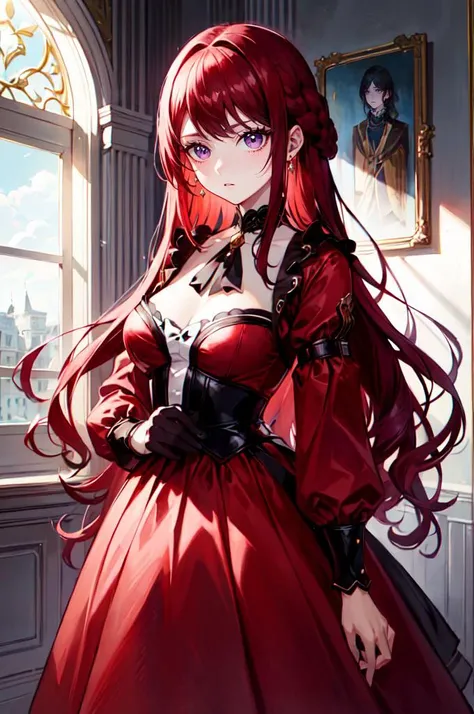<lora:pride_royal_V2:0.95> pride royal Ä±v, purple eyes, red hair, swept bangs, long hair, red dress, red coat, cowboy shot, straight-on, serious,, absurdres, ultra detailed, masterpiece, best quality, aesthetic, detailed,