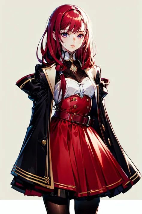 cowboy shot, straight-on, serious, <lora:pride_royal_V2:0.95> pride royal ıv, purple eyes, red hair, swept bangs, long hair, red dress, red coat, <lora:style3:1> style3,, absurdres, ultra detailed, masterpiece, best quality, aesthetic, detailed,