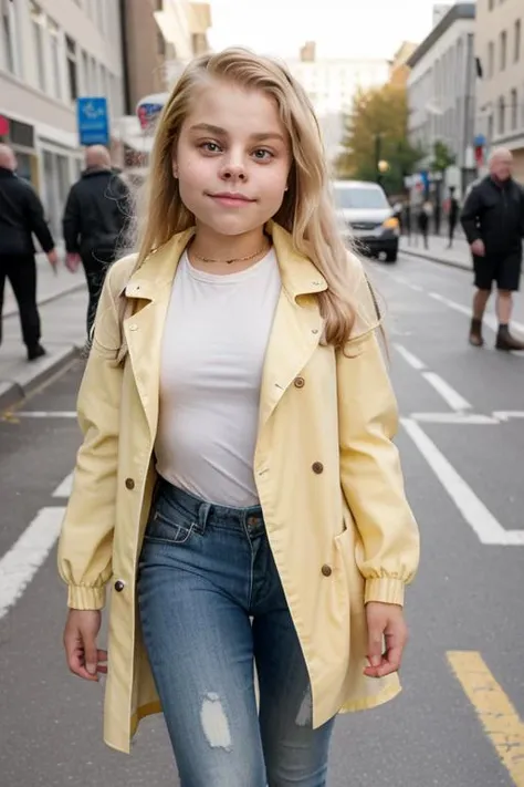embedding:skylarValentineTi, walking in a city street, BREAK a yellow raincoat, boots