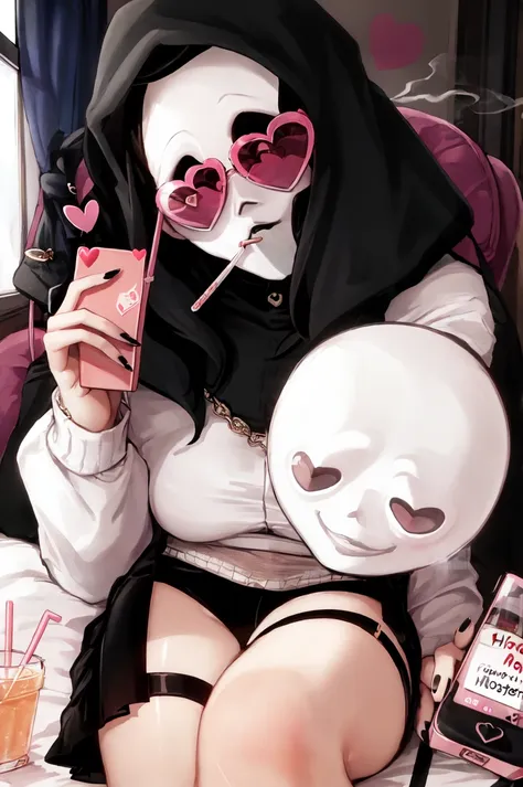 Ghostface Baller, solo, 1boy, holding, male focus, heart, nail polish, window, mask, phone, sunglasses, cellphone, black nails, holding phone, cigarette, drinking straw, smoking, heart-shaped eyewear<lora:Ghostface:0.75>