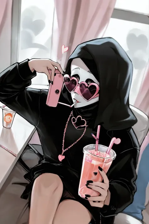 Ghostface Baller, solo, 1boy, holding, male focus, heart, nail polish, window, mask, phone, sunglasses, cellphone, black nails, holding phone, cigarette, drinking straw, smoking, heart-shaped eyewear<lora:Ghostface:0.75>