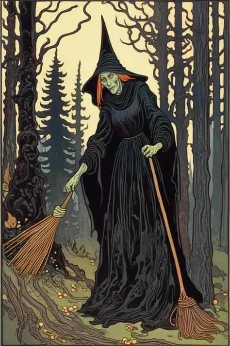 <lora:Ivan Bilibin Style:1>Ivan Bilibin Style - scary witch with broom, dark clothes, in the forest in the style of ivan bilibin