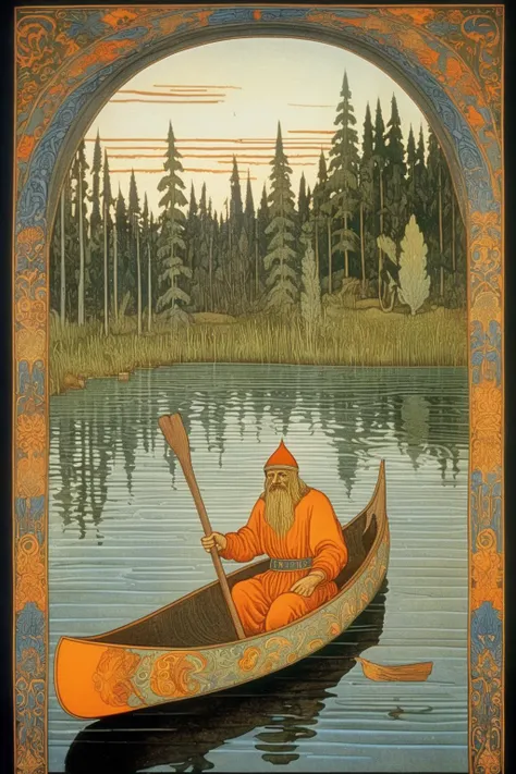 <lora:Ivan Bilibin Style:1>Ivan Bilibin Style - A painting ivan bilibin depicting an early Polynisian man in a canoe