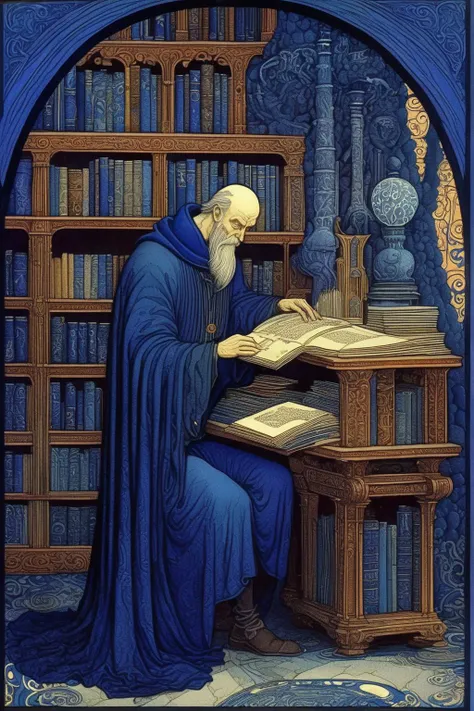 <lora:Ivan Bilibin Style:1>Ivan Bilibin Style - wise Midlibrary Researcher by Ivan Bilibin. Deep blue hues