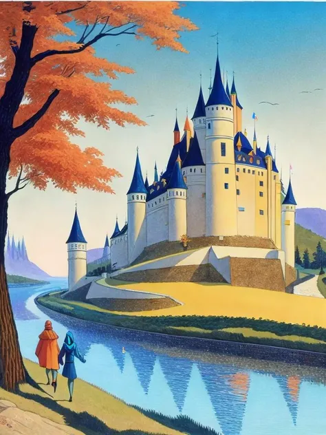 <lora:IvanBilibin:1>a painting of two people walking near a river with a castle in the background by Ivan Bilibin