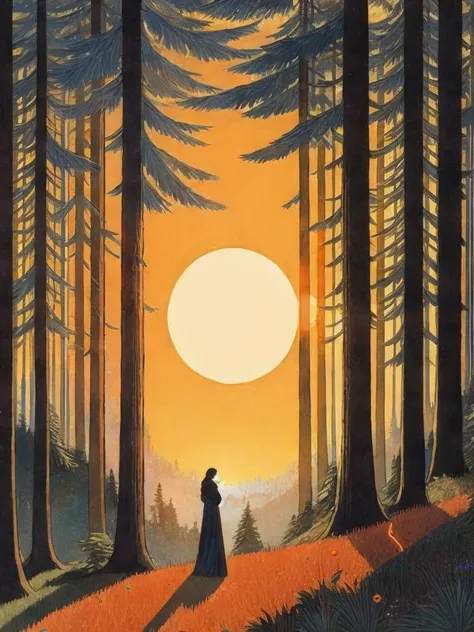 <lora:IvanBilibin:1>a painting of a person standing in a forest looking at the sun in the distance by Ivan Bilibin