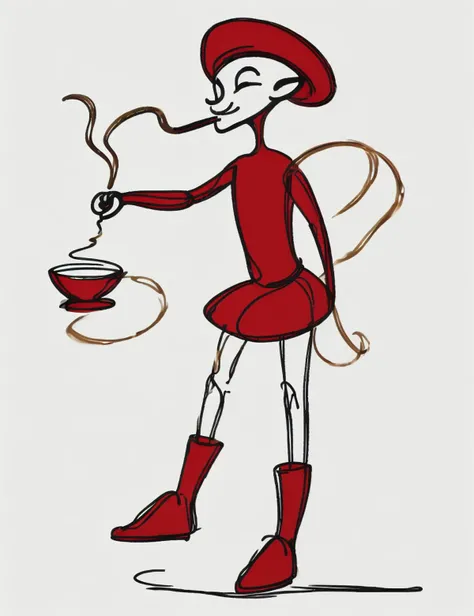 DonM0n3L1n3 one line drawing, naga, small humanoid creature, beard, hat, red clothing, 0.3:gold trim, buckled shoes and stockings, playful expression, pot of gold, smoking a pipe, short stature, 2 feet tall, tricky, mischievous <lora:DonM0n3L1n3:0.8>