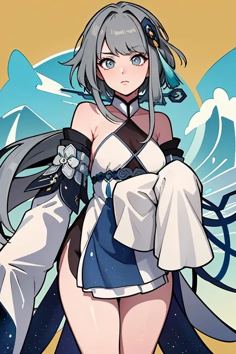 (masterpiece, best quality), 1girl,   <lora:Guizhong:1> guizhong \(genshin impact\), multicolored hair, grey hair, blue hair, hair ornament, long hair, low ponytail, long sidelocks, detached sleeves, sleeves past wrists, wide sleeves, dress, chinese clothes, halterneck, starry sky print, tassel,