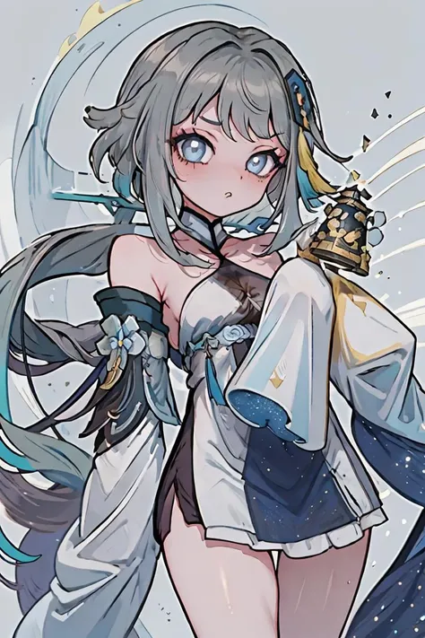 (masterpiece, best quality), 1girl,   <lora:Guizhong:1> guizhong \(genshin impact\), multicolored hair, grey hair, blue hair, hair ornament, long hair, low ponytail, long sidelocks, detached sleeves, sleeves past wrists, wide sleeves, dress, chinese clothes, halterneck, starry sky print, tassel,