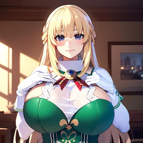 8k, 4k, intricate details, cinematic lighting, stunning environment, ornate, (realistic:1.1), detailed face, detailed eyes, detailed shadows, 1girl, curvy, blonde hair, blue eyes, blush, breasts, huge breasts, long hair, looking at viewer, white pantyhose, green and white dress, smile, solo, (vert_/neptune series/:1.1), very long hair, white gloves, white pantyhose, <lora:CHA_Vert:0.9>