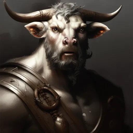 Close-up Portrait of an Ancient Greek, Guernsey, Albino Minotaur_Person, Muscular Fantasy, Frostpunk, Viking, Volumetric lighting, concept art, brush stroke style, artstation, trending, highly detailed, art by greg rutkowski