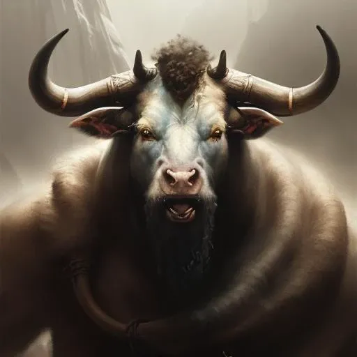 Close-up Portrait of an Mesopotamia, Simmental, Albino Minotaur_Person, Muscular Fantasy, Frostpunk, Viking, Volumetric lighting, concept art, brush stroke style, artstation, trending, highly detailed, art by greg rutkowski