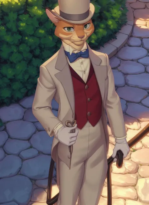 <lora:baron-08:1>, baron, solo, (soft shading), 4k, hi res, detailed face, detailed eyes, detailed, (full body), by zackarry911, by zaush, (by personalami:0.5), zootopia style, gloves, hat, bow, bowtie, formal, suit, top hat, traditional bowtie, cane, plaza