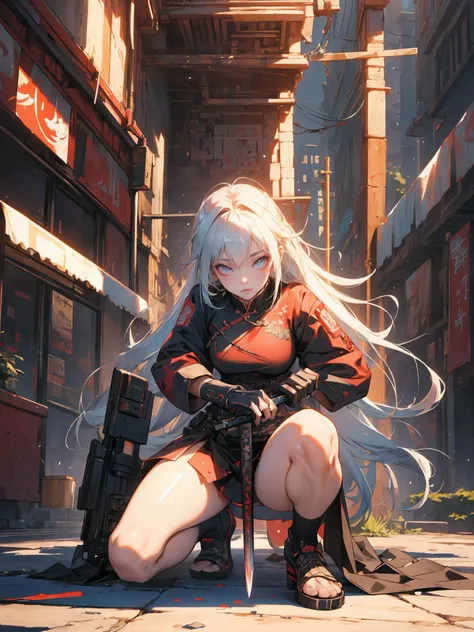 Epic CG masterpiece,cyberpunk style Chinese girl,stunningly beautiful,holding a samurai sword,crouching on the ground with legs spread apart,tech and chinoiserie clothes,graphic tension,dynamic poses,stunning colors,3D rendering,surrealism,cinematic lighting effects,realism,00 renderer,super realistic,masterpiece,best quality,32k uhd,insane details,intricate details,hyperdetailed,hyper quality,high detail,ultra detailed,Masterpiece,<lora:å
¨ç½é¦åâèæå¤ªé³å
animation light :0.7>,