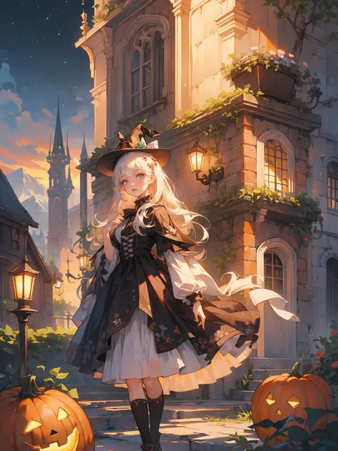 hezi,(extremely detailed CG unity 8k wallpaper),(masterpiece),(best quality),(ultra-detailed),(best illu0.5ation),(1girl:1.5),candy,hallowmas,night,pumpkin lamp,witch,The detailed castle,mist encircles the mountains,fairyland,nature,flowers,<lora:å
¨ç½é¦åâèæå¤ªé³å
animation light :0.7>,