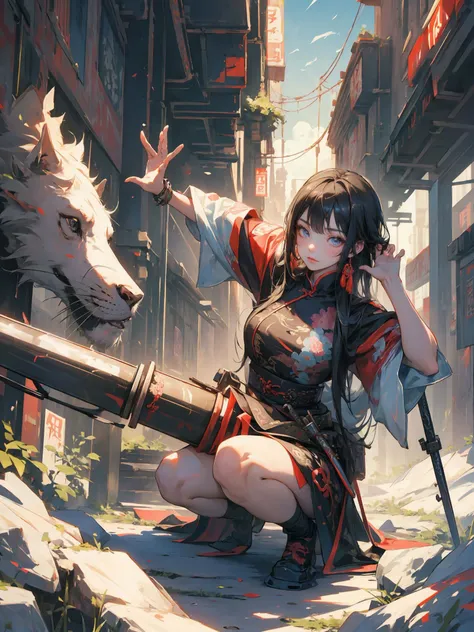 Epic CG masterpiece,cyberpunk style Chinese girl,stunningly beautiful,holding a samurai sword,crouching on the ground with legs spread apart,tech and chinoiserie clothes,graphic tension,dynamic poses,stunning colors,3D rendering,surrealism,cinematic lighting effects,realism,00 renderer,super realistic,masterpiece,best quality,32k uhd,insane details,intricate details,hyperdetailed,hyper quality,high detail,ultra detailed,Masterpiece,<lora:QhQS ZbY*3QIanimation light :0.7>,