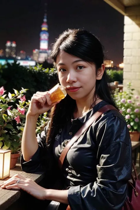 good hand,4k, high-res, hdr render, summertime render,  masterpiece, best quality, head:1.3,((Hasselblad photography)), finely detailed skin, sharp focus, (cinematic lighting), night, soft lighting, dynamic angle, [:(detailed face:1.2):0.2],(((5 stars hotel))),a woman in a leather dress posing for a picture with a drink in her hand and a city in the background, Fei Danxu, sakimi chan, a character portrait, private press,<lora:girl_20230622220631-000005:0.95>