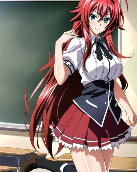 masterpiece, best quality, ultra-detailed, hires,  beautiful, detailed hair and eyes, 
1girl, red hair, long hair, ahoge,rias gremory dxd, very long hair,  blue eyes, large breasts,
(dxd clothes:1.4), school uniform, skirt, white shirt, (white socks), black boots, red skirt,
 <lora:dxdV11-000003:0.65>, 
full body, standing, hand on breasts,
 detailed background, (school  classroom:1.3),