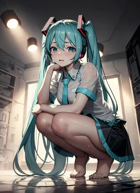 (masterpiece),(best quality),(ultra-detailed), (full body:1.2),1girl, cute, (scared), hatsune miku, grey wet shirt, black skirt, loose cyan necktie, crouching , barefoot, seductive posture, (beautiful detailed face), (beautiful detailed eyes), (empty dark room), (spotlight), reflective floor, from below