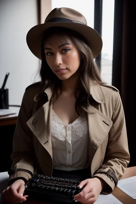 Merger_natya_taylor,
(a 1940s private investigator wearing a trench coat and rimmed hat sitting in a drab dank office at the desk using a typewriter, private investigator, 1940s:1.2),
bokeh, f1.4, 40mm, photorealistic, raw, 8k, textured skin, skin pores, intricate details <lora:epi_noiseoffset2:1>, epiCRealism <lora:ClothingAdjuster3:-1>