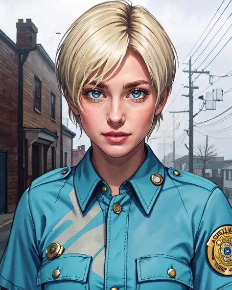 best quality, <lora:cybilbennett:0.75>, cybilbennett, 1girl, blonde_hair, short_hair, police_uniform, badge, smile, outdoors, fog, silent_hill, town, (upper body)