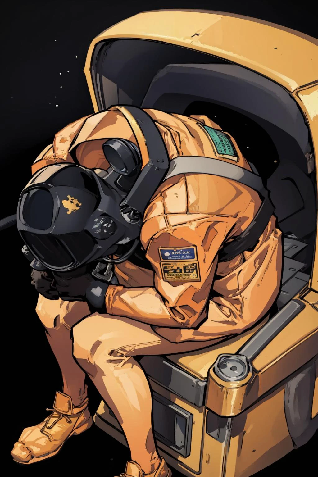 masterpiece, best quality, <lora:lethal-05:1> lethal, jacket, orange jacket, spacesuit, uniform, bodysuit <lora:concept_shinjichair-10:1> shinjichair, sitting, head down, simple background, black background